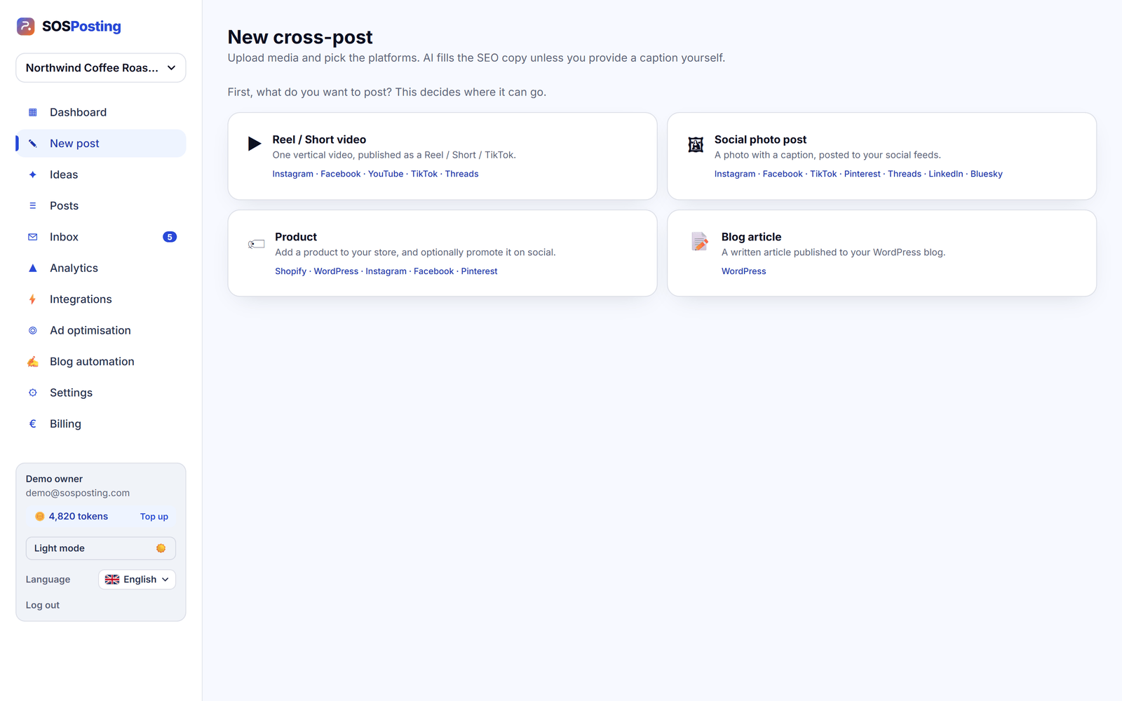 The SOSPosting composer with a caption written and platform checkboxes for choosing which connected networks the post goes to.
