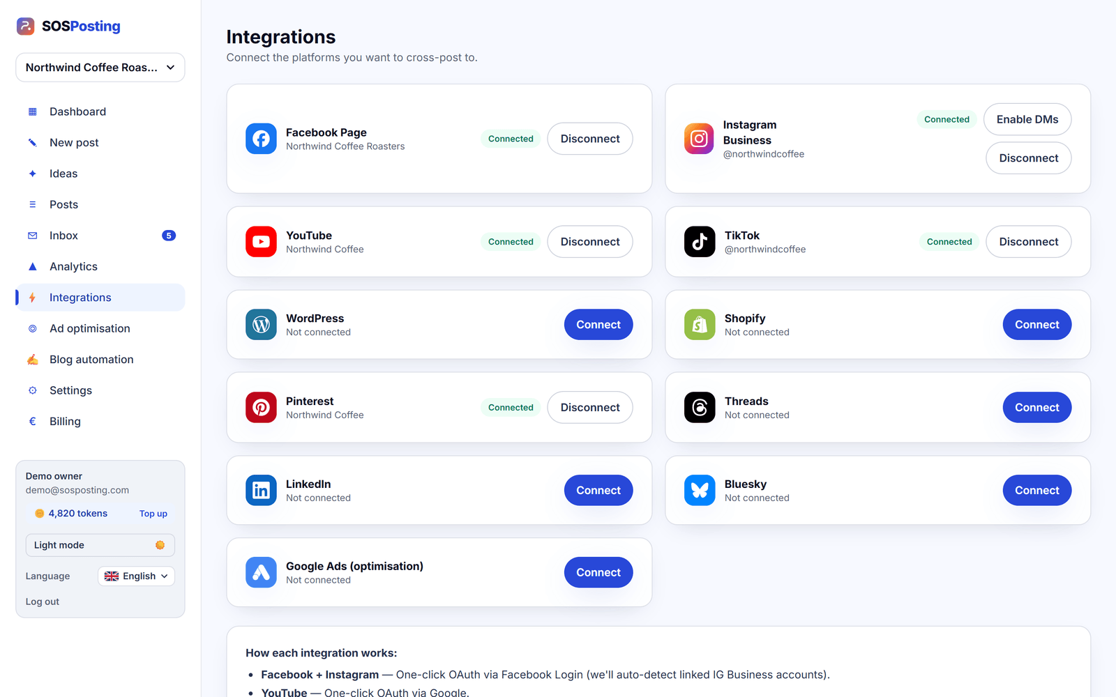 The SOSPosting Integrations screen listing connected Instagram, Facebook, YouTube, TikTok and Pinterest accounts, each with its account name and a disconnect option.