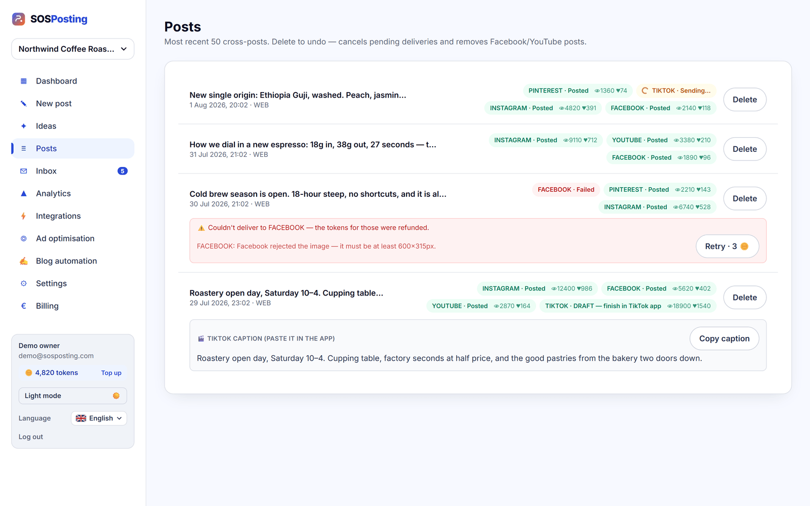 The SOSPosting Posts screen showing one upload delivered to Instagram, Facebook and Pinterest with per-platform view and like counts, one delivery still sending to TikTok, and one failed Facebook delivery whose tokens were refunded.